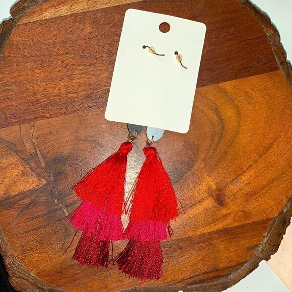Red Evil Eye Tassel Fringe Statement Earrings - Picture 6 of 6